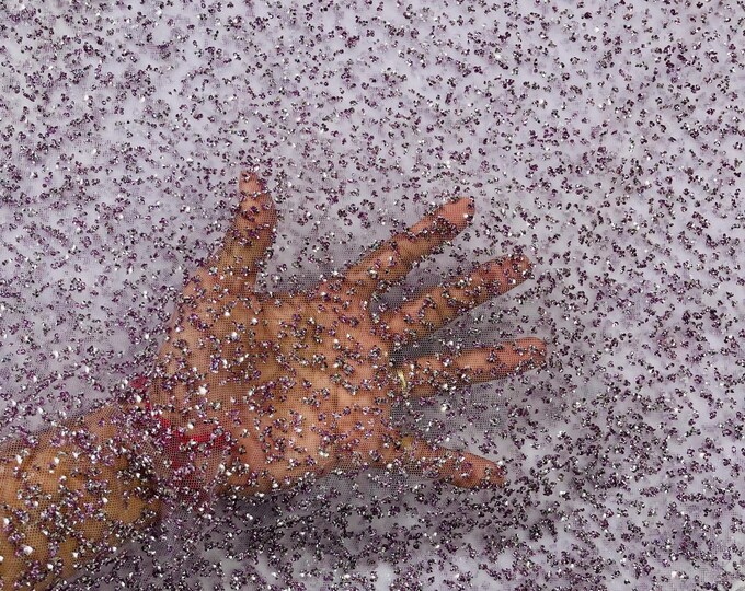 Lilac Rhinestones Glitter Fabric on a Mesh By The Yard, Glitter Rhinestones on Mesh Fabric, Glitter Fabric | Glimmer | Sparkle Fabric