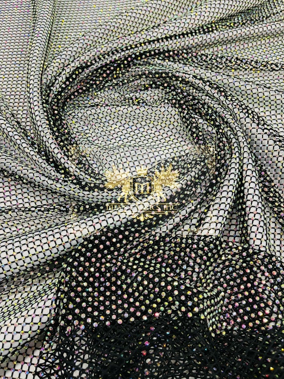 Iridescent Rhinestones Fabric On White Stretch Net Fabric, Spandex