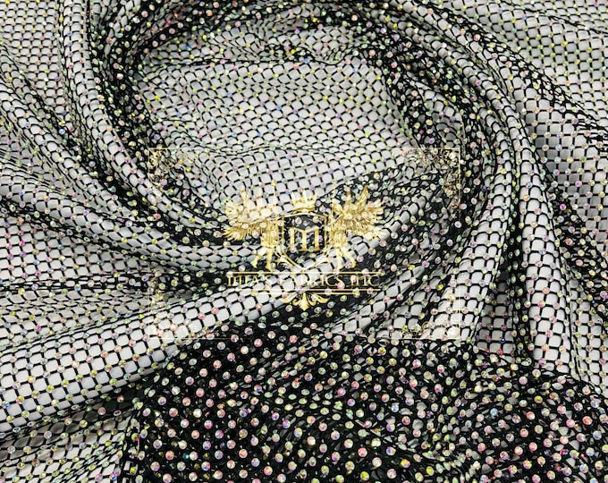 Iridescent Rhinestones Fabric On Black Stretch Net Fabric, Spandex Fish Net with Crystal Stones sold by the yard