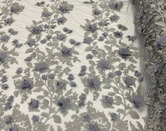 Silver Two Tone 3D Floral Design Embroider and Beaded With Pearls On a Mesh Lace-Prom-Dresses-Nightgown-Apparel-Fashion By The Yard