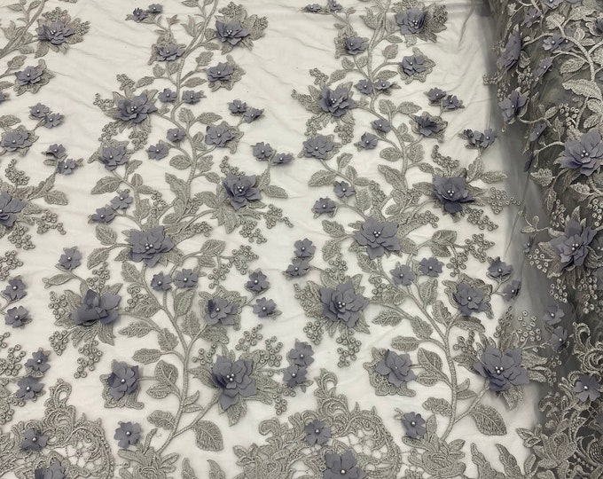 Silver Two Tone 3D Floral Design Embroider and Beaded With Pearls On a Mesh Lace-Prom-Dresses-Nightgown-Apparel-Fashion By The Yard