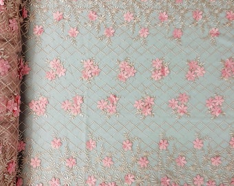 Pink 3D Floral Lace Fabric with Pearls: Bridal Wedding Design
