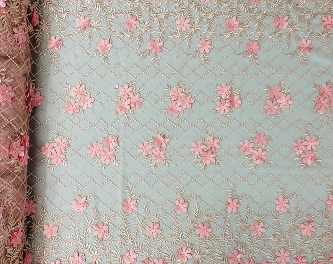Mia Fabrics Inc, Pink 3D Floral-Flower With Pearl, 3D Floral-Flower Bridal Wedding Lace Fabric by the Yard (Pick a Size)