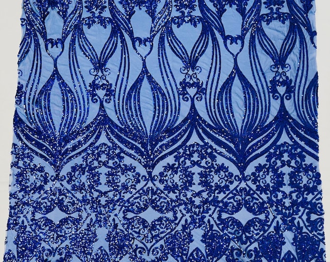 Royal Blue Holographic Sequin Fabric - by the yard - On Royal Mesh, Camila Design 4 Way Stretch Sequins Fabric, Lace sequins Prom-Gown