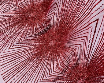Dark Red Sparkling Glitter Mesh Fabric By The Yard, Glitters and Sequins Damask Geometric Glitter Fabric Wedding Bridal Decor Prom Glitter