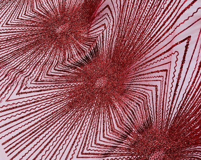 Dark Red Sparkling Glitter Mesh Fabric By The Yard, Glitters and Sequins Damask Geometric Glitter Fabric Wedding Bridal Decor Prom Glitter
