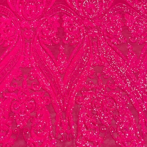 Hot Pink Sequin Fabric: Damask Design, 4-Way Stretch - Sold By The Yard