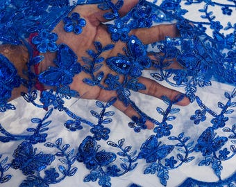Royal Blue Butterfly Sequin Lace Fabric: Metallic Embroidered Mesh, Scalloped Edge