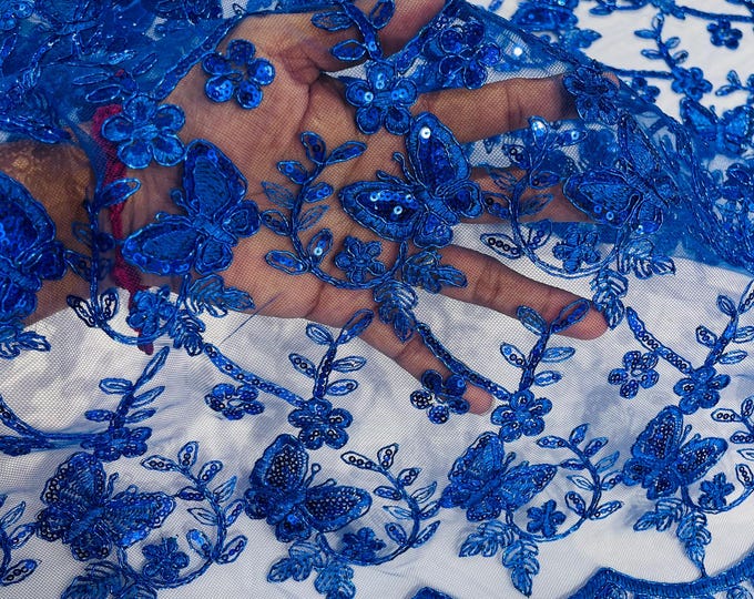 Royal Blue Metallic Corded Lace Small Butterfly by Yard, Metallic Thread Butterfly Design Embroidered With Sequin on a Mesh Lace Fabric