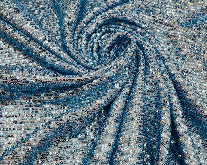 Baby Blue Mille Striped Stretch Sequins Lace Spandex Mesh-Prom-Gown By The Yard, Formal Wedding Couture Fabric Sequin Fabric