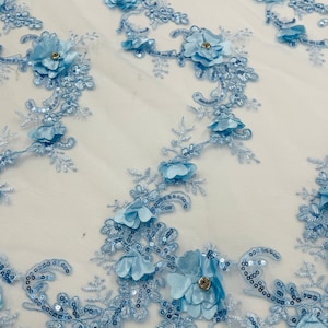 Baby Blue 3D Flower Lace Fabric: Embroidered Sequins & Rhinestones, Bridal Wedding Lace