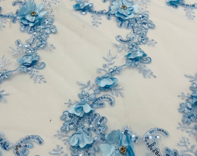 Baby Blue 3D Floral-Flower Lace Fabric | by the yard | Embroidered With Sequins & Rhinestone 3D Flower| Lace Floral | Bridal Wedding