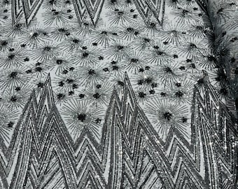 Charcoal Geometric Design 4 Way Stretch, Embroidered With Sequins On Power Mesh, By The Yard