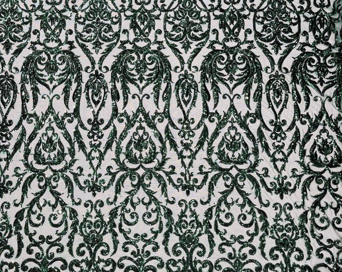 Hunter Green Sequins Fabric | 4 Way Stretch Mesh | Embroidered King Damask Design With Sequin Lace Prom-Gown by the yard