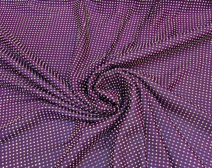 Iridescent Rhinestones Fabric On Plum Power Mesh Nylon Spandex With Crystal Stones, AB Rhinestones sold by the yard