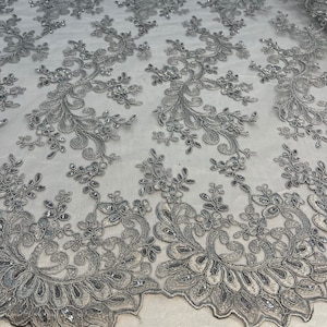 Silver Lace - Floral Lace Fabric, Embroidery With Sequins on a Mesh Lace Fabric By The Yard For Gown, Wedding-Bridal (Choose The Quantity)