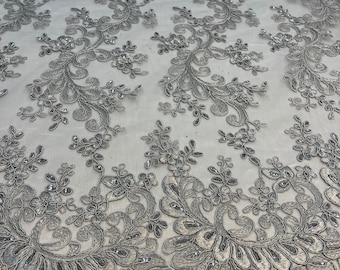 Silver Floral Lace Fabric: Embroidered Sequins Mesh, Bridal Gown Lace