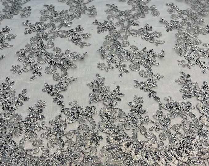 Silver Lace - Floral Lace Fabric, Embroidery With Sequins on a Mesh Lace Fabric By The Yard For Gown, Wedding-Bridal (Choose The Quantity)
