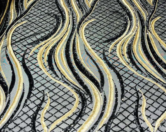 Sequins Fabric Two Tone Black- Matte Gold Geometric Design 4Way Stretch Sequin Fabric Spandex Mesh BTY