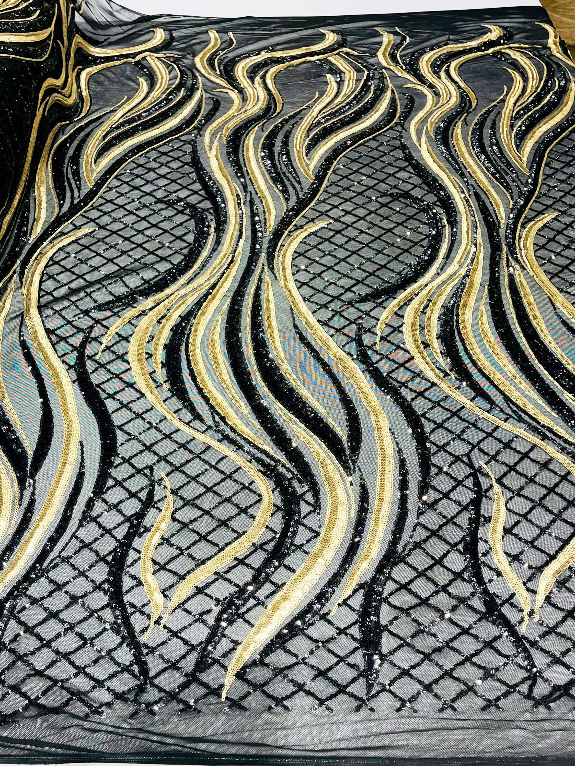 Iridescent Rhinestones Fabric On White Stretch Net Fabric, Spandex