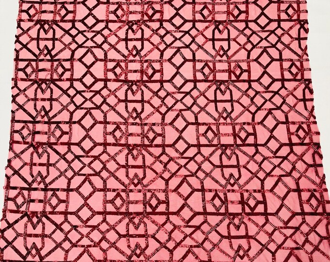 Matte Burgundy Sequin 4 Way Stretch Geometric Elena Design Embroidered Shiny Sequins Fabric for Prom Gala Gown Sold By Yard