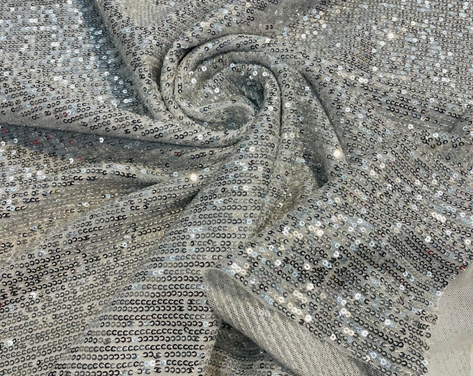 Silver Mille Striped Stretch Sequins | by the yard | Lace 4 Way Mesh-Prom-Gown | Wedding Couture Fabric | Sequin Fabric