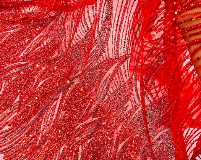 Red Beaded Lace Fabric: Embroidered Mesh, Bridal Wedding Dress - Sold By The Yard