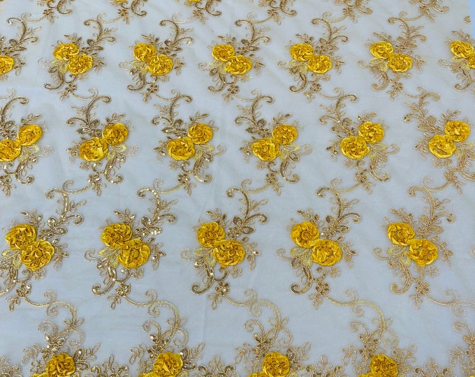 Yellow Gold Flowers Floral Lace Fabric - By The Yard - Embroidery Flower With Sequins on a Mesh Lace Fabric For Gown, Wedding-Bridal