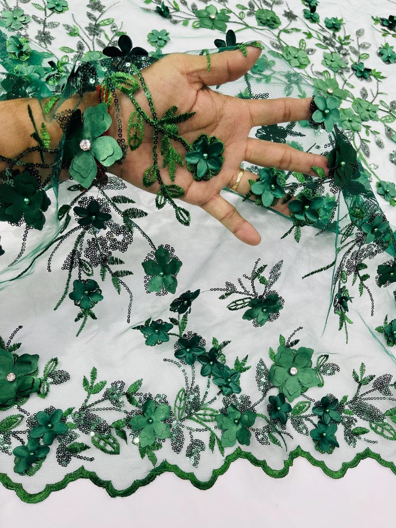 Hunter Green 3D Floral Lace Fabric Sequin: Embroidered With Pearls and ...