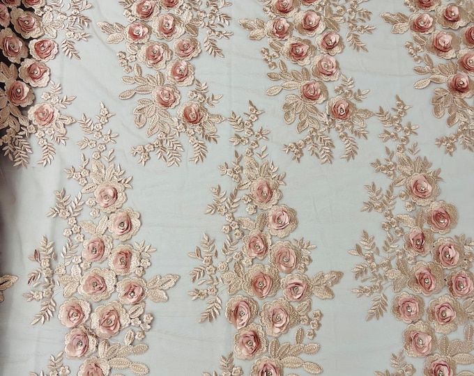 Dusty Rose 3D Floral Lace Fabric by the yard, Flower Design Embroider With Rhinestones On a Mesh, Prom-Dresses-Nightgown-Apparel-Fashion