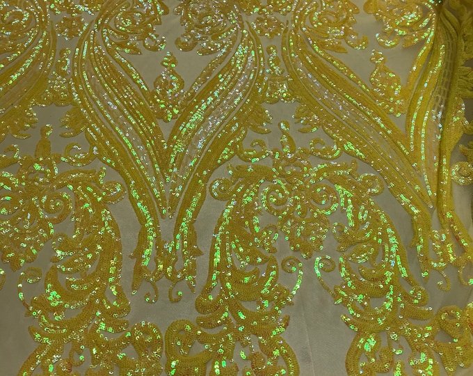 Iridescent Yellow Sequins Fabric - 4 Way Stretch Fancy Big Damask Design Sequins on Spandex Mesh Prom Gala Gown Fabric By The Yard