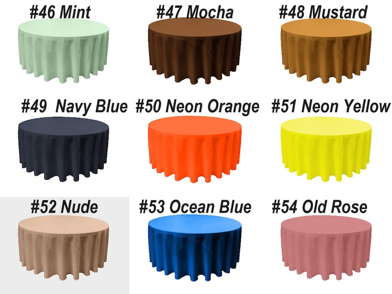 K&ouml;nnte beinhalten: Neun runde Tischdecken in verschiedenen Farben, darunter Mint, Mokka, Senf, Marineblau, Neonorange, Neongelb, Nude, Ozeanblau und Altrosa. Jede Tischdecke ist mit einer Nummer und einem Farbnamen gekennzeichnet.