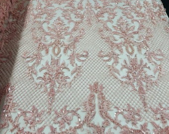 Pink Damask Beaded Lace Fabric – Embroidered Mesh, Floral Design