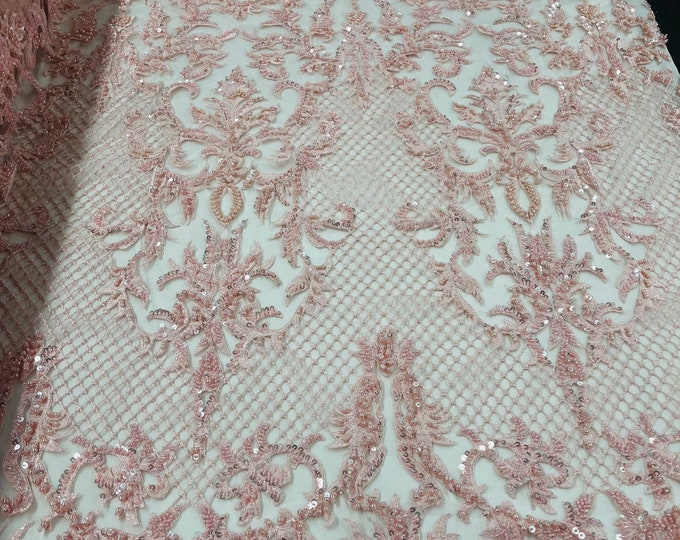 Pink Damask Pattern Embroidered With Pearls and Beads on a Mesh - Beaded Fabric - Lace Fabric by the yard