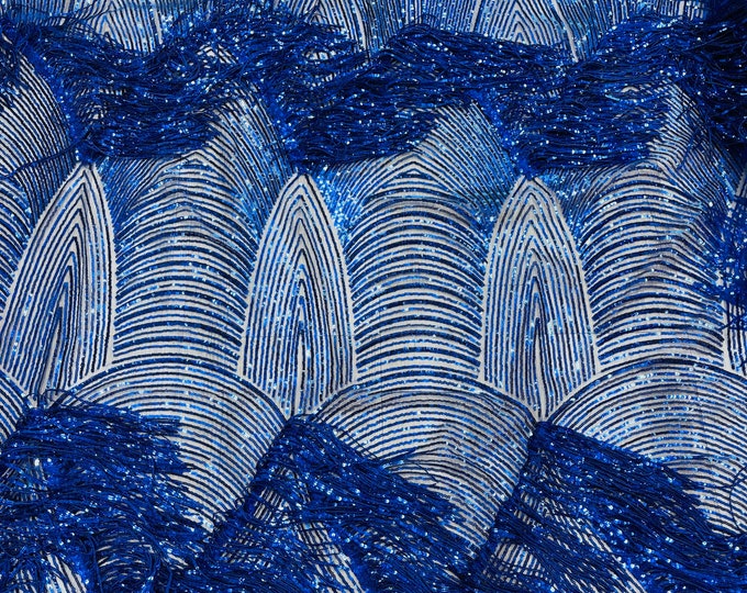 Royal Blue Fringe Sequins on a Mesh, Royal Fringe Design Embroidered on 2 Way Stretch Fancy Sequin ( Choose The Size )