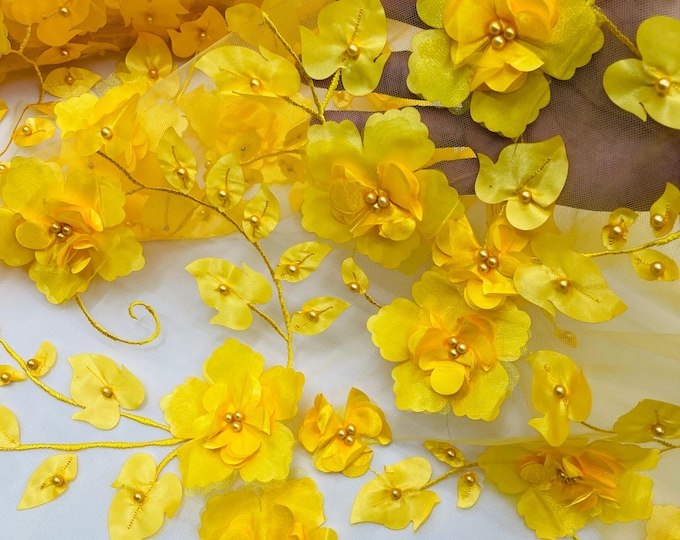 Yellow Orquidia 3D Floral Design Embroider With Pearls On a Mesh Lace Fabric, Orquidia Big 3D Flower Lace Fabric | Prom-Dress By The Yard