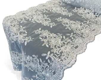 Metallic Silver Floral Sequined Lace Fabric - 14 Inch Wedding Runner
