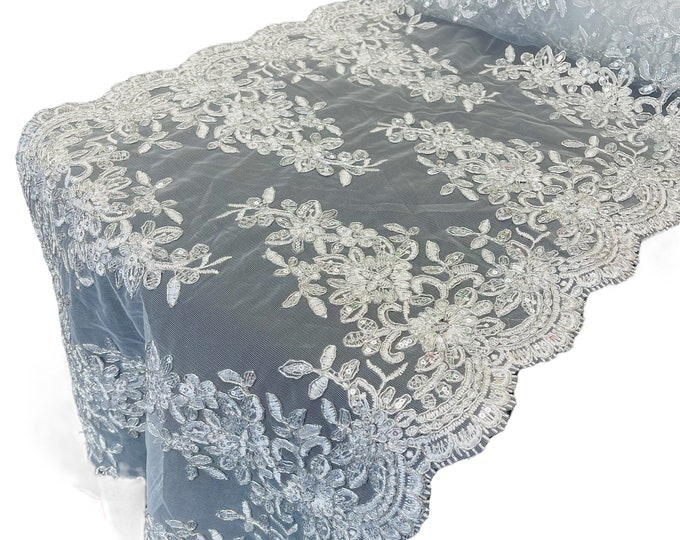 Metallic Silver/white Mesh Floral Lace Fabric For Runner 14” Inch - by the yard - Embroidery With Sequins on a Mesh Lace Fabric For Wedding