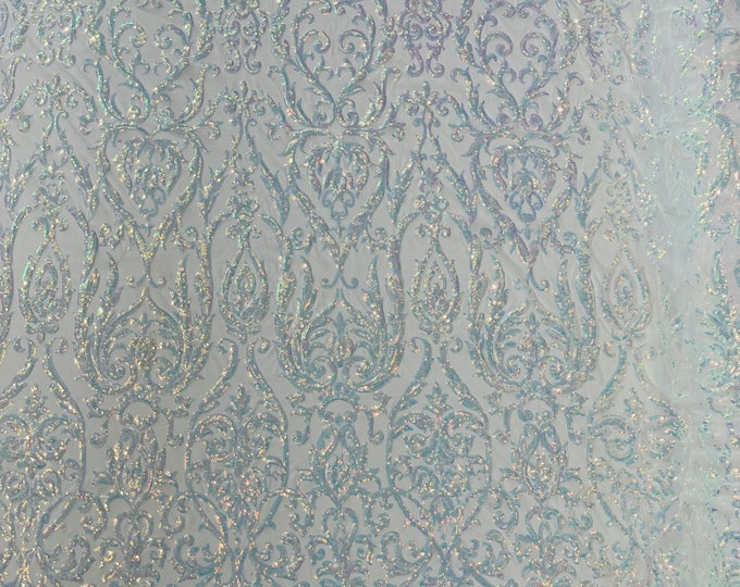 Clear Iridescent Sequins Fabric | by the yard | White Mesh 4 Way Stretch | Embroidered King Damask Design With Sequin Lace Prom-Gown