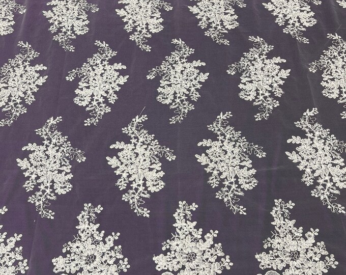 White Floral Lace Fabric, Embroidery on a Mesh Lace Fabric By The Yard For Gown, Wedding-Bridal-Dress