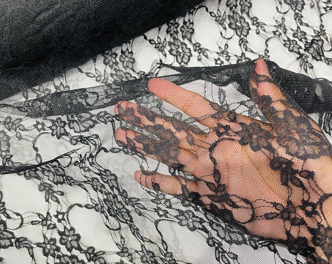 Black Stretch Spandex Mesh Net Lace Fabric Sold by the yard - Floral Pattern 4 Way Stretch