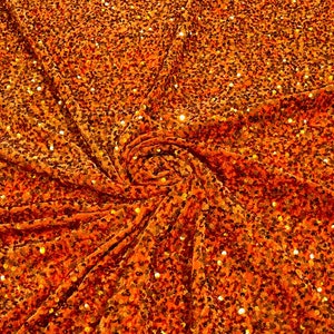 Orange Sequin Fabric on Stretch Velvet - by the yard - all Over 5mm Sequins Velvet 2-way Stretch 58/60”