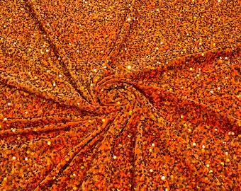 Orange Sequin Fabric on Stretch Velvet - by the yard - all Over 5mm Sequins Velvet 2-way Stretch 58/60”