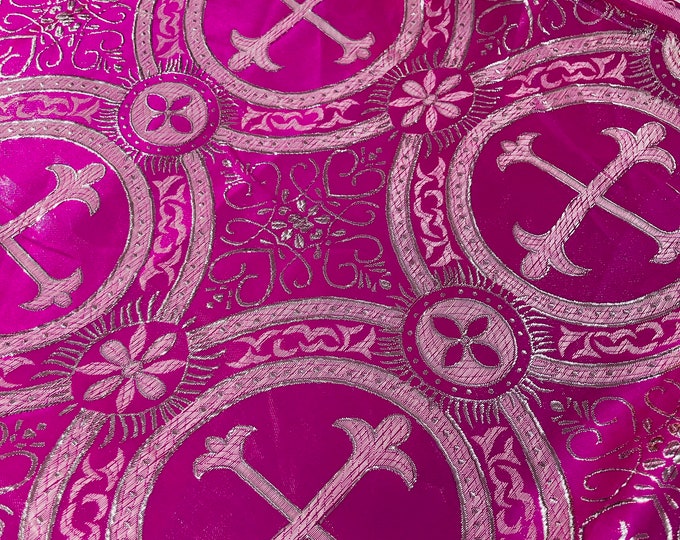 Fuchsia Silver Cross Brocade Fabric: Liturgical Jacquard, 58/60" Wide