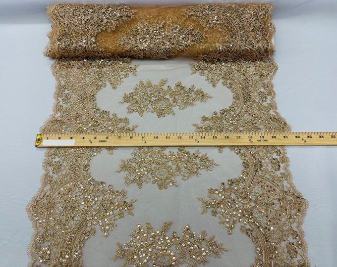 Metallic Champagne Floral Lace Fabric For Runner - by the yard - Embroidery With Sequins on a Mesh Lace Fabric For Wedding-Bridal
