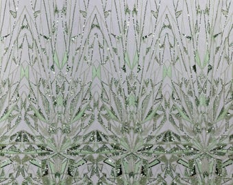 Sage Beaded Fabric By The Yard, Luxury Geometric Design Beads and Sequins, Beaded Fabric Embroidered on a Mesh Lace,Wedding,Bridal,Dress
