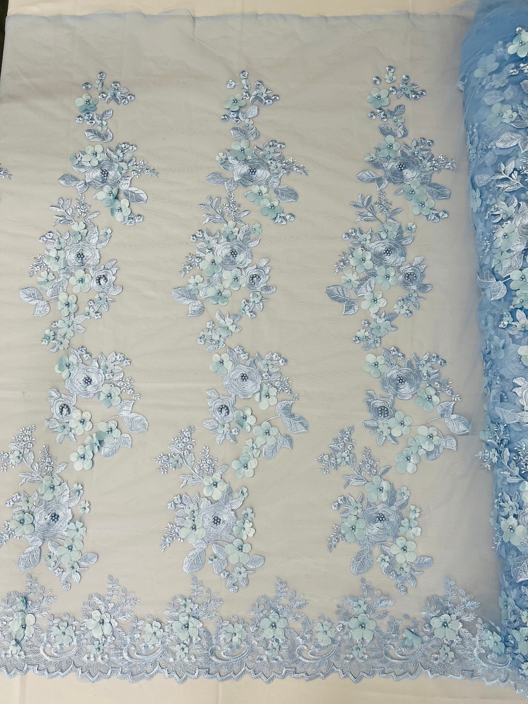 Baby Blue 3D Floral Lace Fabric With Pearls - Bridal Wedding Lace - Etsy