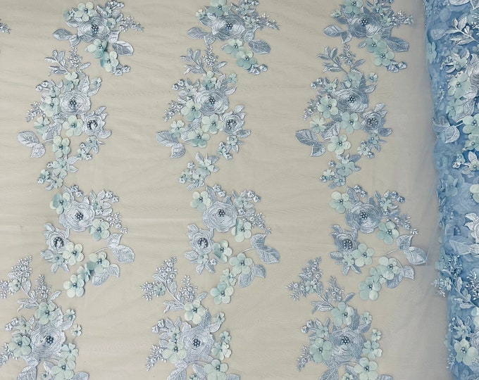 Mia Fabrics Inc, Baby Blue 3D Floral-Flower With Pearl, Bridal Lace 3D Flower Wedding Lace by the Yard (Pick a Size)