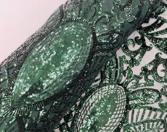Hunter Green Sequin Fabric, Embroidered Royalty Design, 4-Way Stretch Mesh, By The Yard