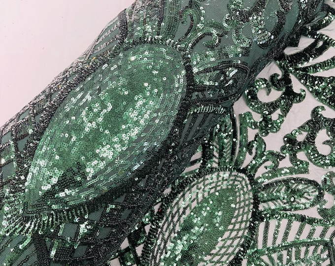 Hunter Green Sequin Fabric, Royalty Design Embroidered With Sequin on a 4 Way Stretch Sequin Fabric Mesh-Prom-Gown By The Yard